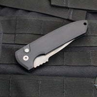 Protech Les George Rockeye Out The Side (OTS) Auto- Solid Black Handle- Smokey Gray DLC Finished D2 Steel Blade LG321-D2