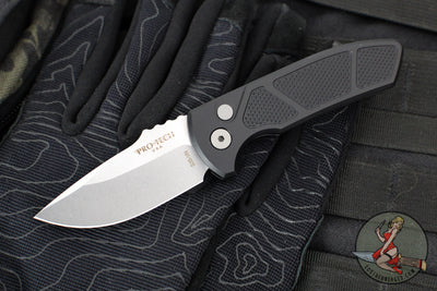 Protech Les George SBR Short Bladed Rockeye Out The Side (OTS)- Black Handle- Stonewash/ Satin S35-VN Blade LG405