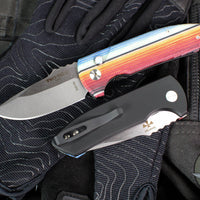 Protech Les George SBR Short Bladed Rockeye (OTS) Auto- G-Carta Mex. Blanket Micarta Top Handle- Black Aluminum Bottom- Stonewash Blade- Pearl Inlaid Button LG421-Mex. Blanket