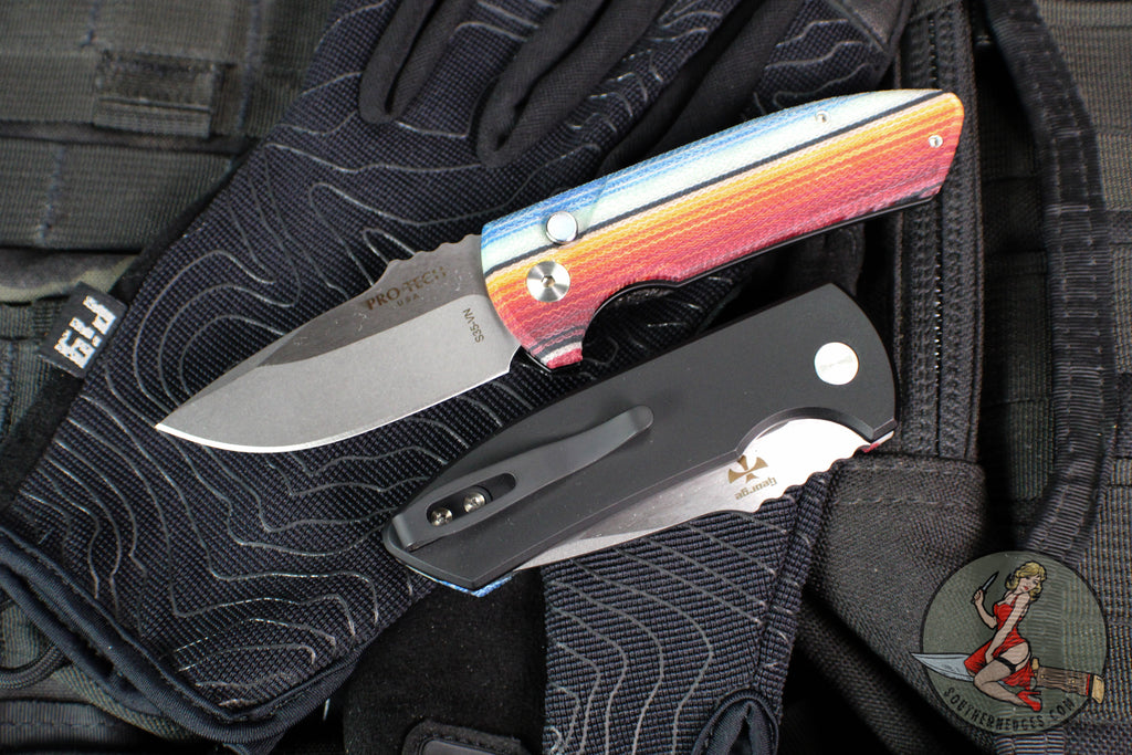 Protech Les George SBR Short Bladed Rockeye (OTS) Auto- G-Carta Mex. Blanket Micarta Top Handle- Black Aluminum Bottom- Stonewash Blade- Pearl Inlaid Button LG421-Mex. Blanket