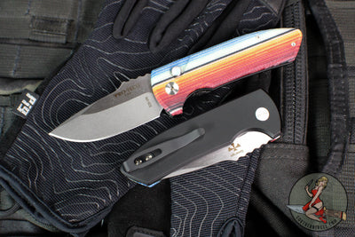 Protech Les George SBR Short Bladed Rockeye (OTS) Auto- G-Carta Mex. Blanket Micarta Top Handle- Black Aluminum Bottom- Stonewash Blade- Pearl Inlaid Button LG421-Mex. Blanket