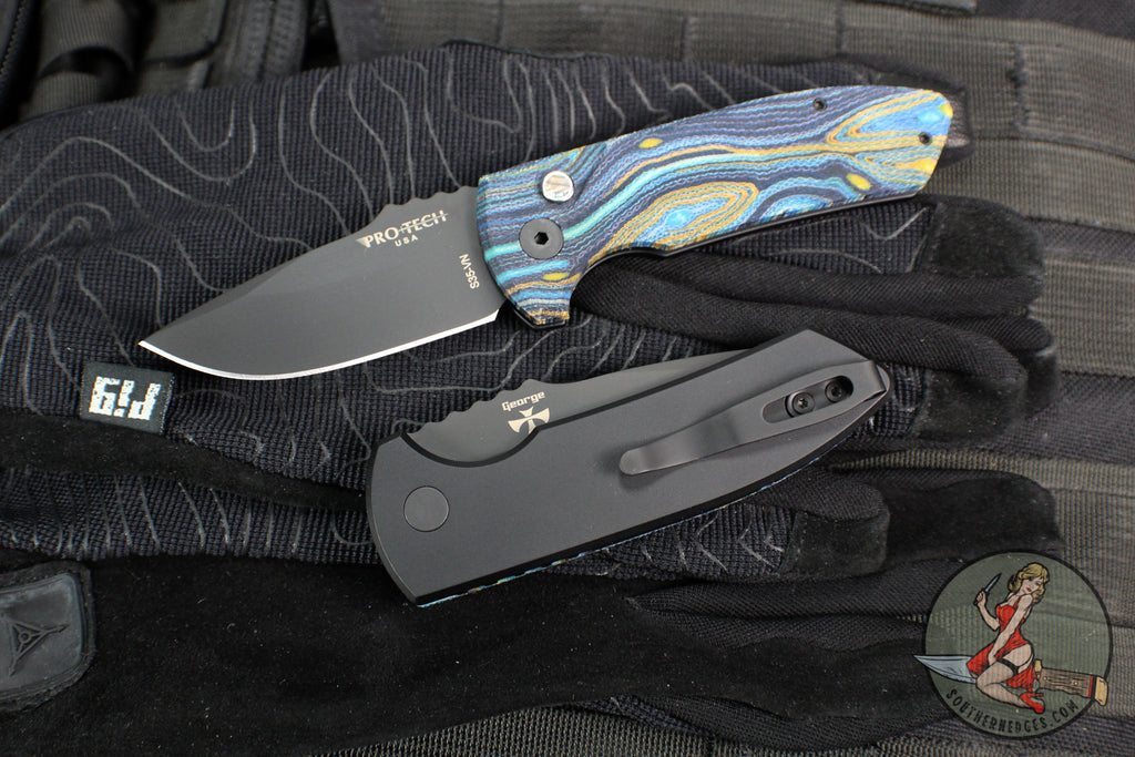 Protech Les George SBR Short Bladed Rockeye (OTS) Auto- G-Carta Starry Night Micarta Top Handle- Thick Black Aluminum Bottom- Black DLC Blade LG423-Starry Night