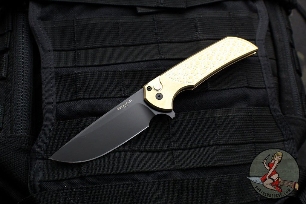 Protech Mordax Flipper-  Stonewashed Aluminum Bronze Handle- Black DLC Magnacut Blade- Black Lip Pearl Button Serial Number 17 Of 150