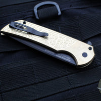 Protech Mordax Flipper-  Stonewashed Aluminum Bronze Handle- Black DLC Magnacut Blade- Black Lip Pearl Button Serial Number 17 Of 150