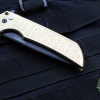 Protech Mordax Flipper-  Stonewashed Aluminum Bronze Handle- Black DLC Magnacut Blade- Black Lip Pearl Button Serial Number 17 Of 150