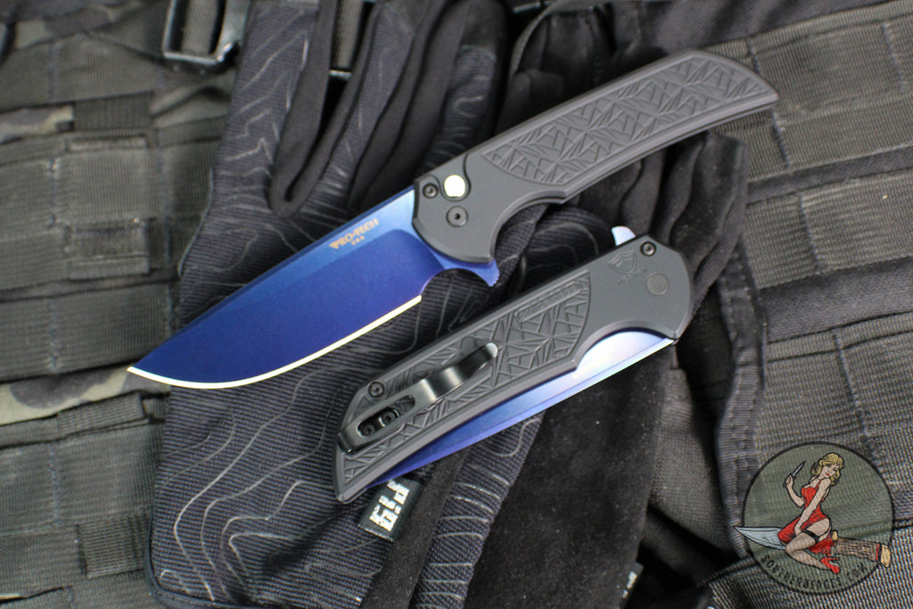 Protech Mordax Flipper- Nexus Textured Black Handle- Sapphire Blue PVD Magnacut Blade MX106-SB NEXUS