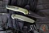 Protech Avalon- Peace Neighbor Deisgn- Manual Button Lock Knife- Knurled Battleworn Green Handle- Black DLC Magnacut Steel Blade PN1103-BW Green