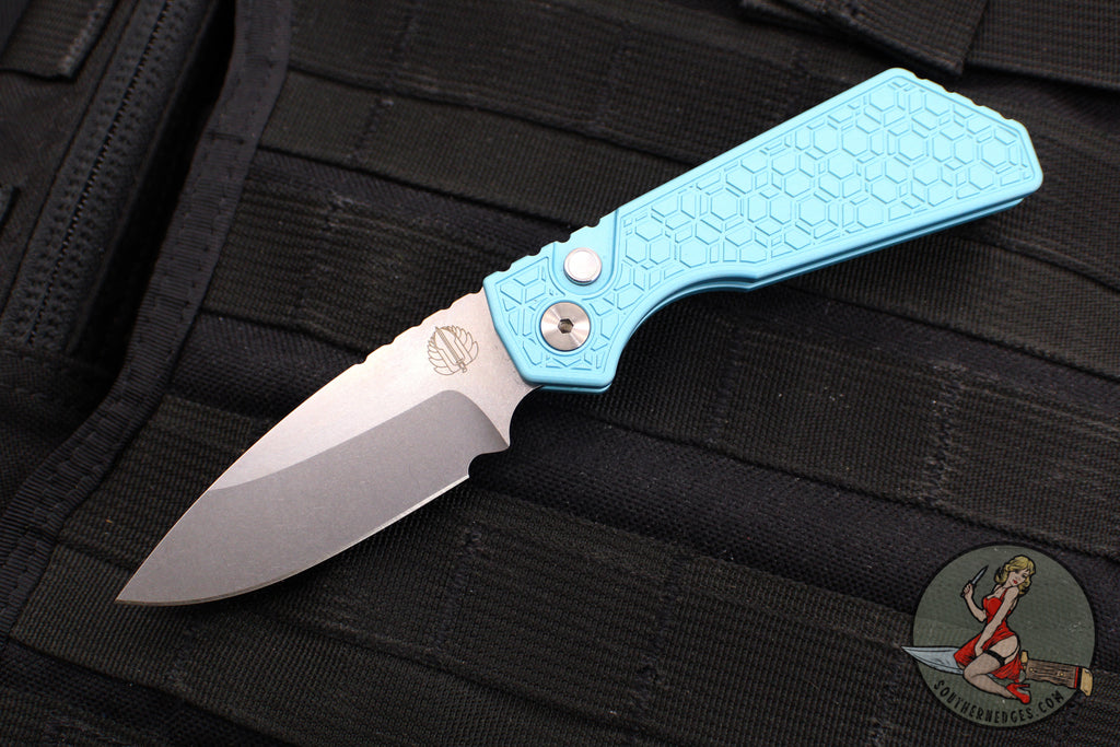 Protech Pro Strider PT Plus- Gridlock Textured Blue Body- Stonewash Magnacut Steel Blade- Pearl Inlaid Button PT205-GRIDLOCK LTD T. BLUE