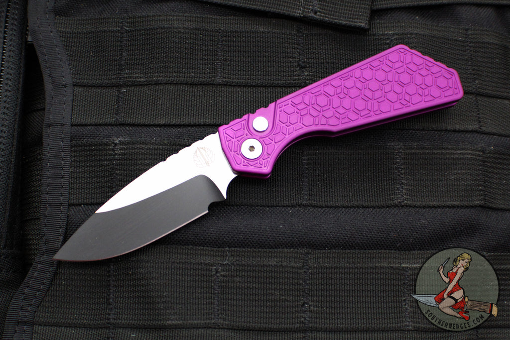 Protech Pro Strider PT + Custom- Purple Gridlock Textured Handle- Two-Tone Black DLC/Satin Magnacut Blade- Pearl Inlaid Button 2024 PT+ Custom 008