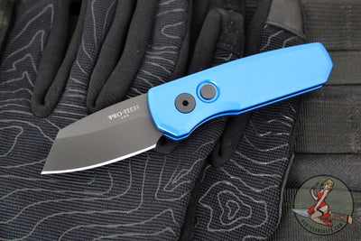 Protech Runt OTS Auto Knife- Reverse Tanto- Blue Handle- DLC Black Blade R5203-BLUE