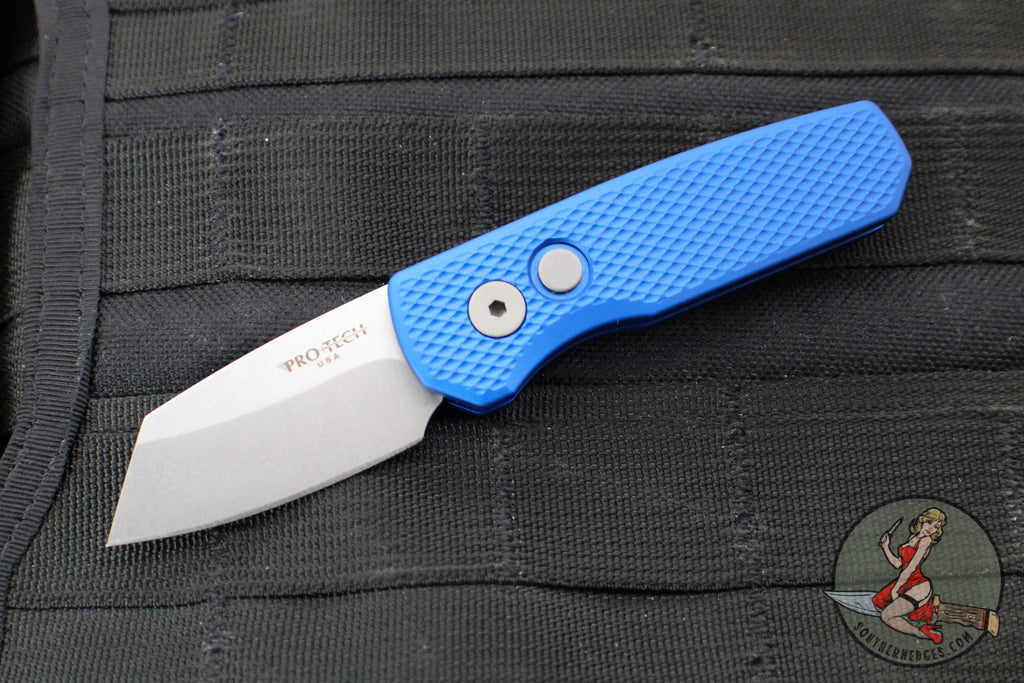 Protech Runt Out The Side (OTS) Auto Knife- Reverse Tanto- Blue Textured Handle- Stonewash Blade R5205-BLUE
