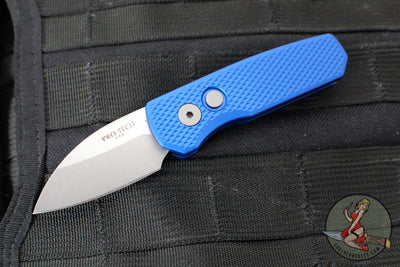 Protech Runt OTS Auto Knife- Wharncliffe- Blue Textured Handle- Stonewash Magnacut Steel Blade  R5305-BLUE