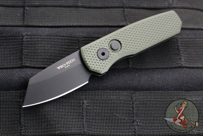 Protech Runt 5 OTS Auto Knife- Reverse Tanto- Textured Green Handle- Black DLC Magnacut Steel Blade  R5406-GREEN