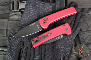 Chaves Protech Knives- Scapegoat Compact- OTS Auto- Smooth Red Handle- Black DLC MagnaMax Steel Blade RCS1103-RED