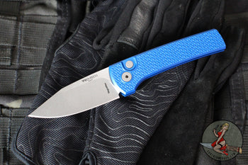 Chaves Protech Knives- Scapegoat Compact- OTS Auto- Carbide Textured Blue Finished Handle- Stonewash MagnaMax Steel Blade RCS1105-BLUE