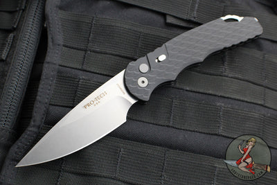 Protech Tactical Response 4 Auto Knife- Black Feather Texture Handle- Stonewash Plain Edge Blade- Safety T4105 F