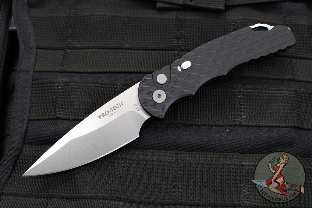 Protech TR-5 Tactical Response 5 OTS Auto- Black Feather Textured Handle- Stonewash Blade T505-F