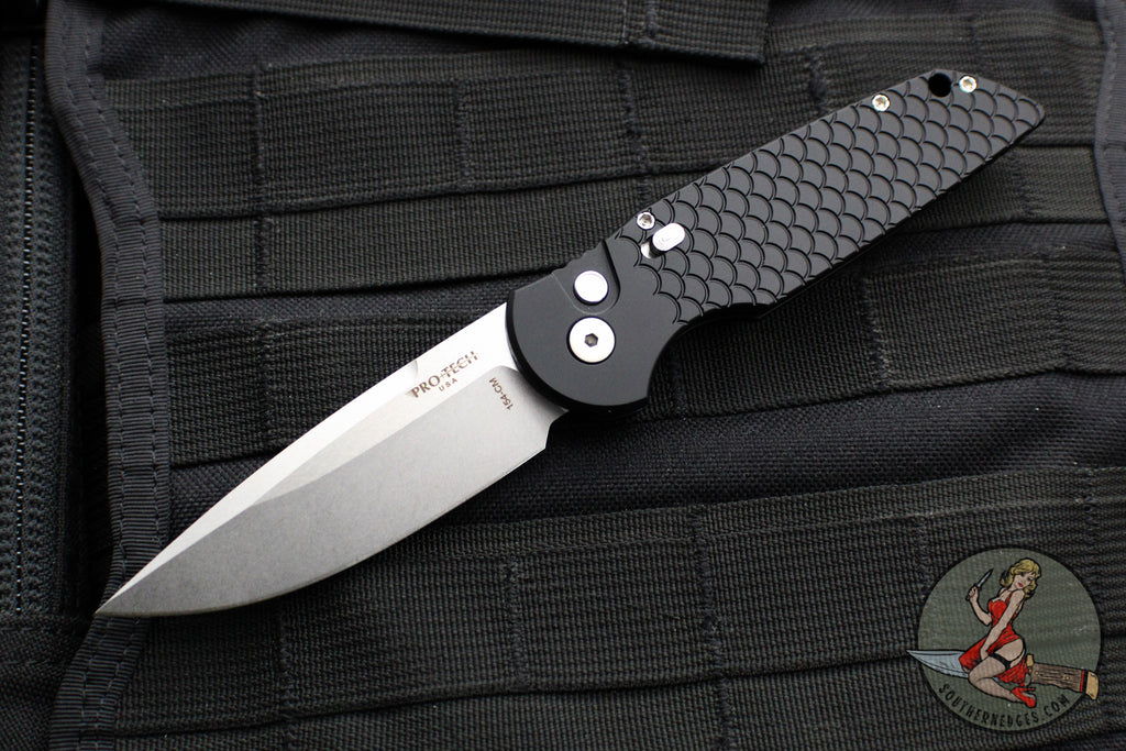 Protech TR-3 Tactical Response 3 Out The Side (OTS) Auto Knife- Black Fish Scale Handle- Stonewash/Satin Plain Edge- Safety Switch- Gold Lip Pearl Inlaid Button TR-3 Blade Show 2024 LE of 100