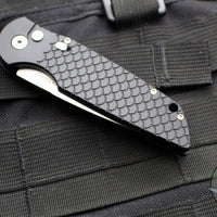 Protech TR-3 Tactical Response 3 Out The Side (OTS) Auto Knife- Black Fish Scale Handle- Stonewash/Satin Plain Edge- Safety Switch- Gold Lip Pearl Inlaid Button TR-3 Blade Show 2024 LE of 100