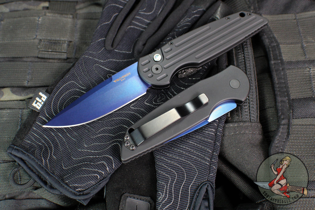 Protech TR-3 Tactical Response 3 Out The Side (OTS) Auto Knife- Black Grooved Handle- Sapphire Blue Magnacut Steel Plain Edge- TR-3 SB MC