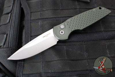 Protech TR-3 Tactical Response 3 Out The Side (OTS) Auto Knife- Green Fish Scale Handle- Stonewash Plain Edge TR-3 X1 SW Green