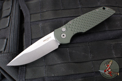 Protech TR-3 Tactical Response 3 Out The Side (OTS) Auto Knife- Green Fish Scale Handle- Stonewash Plain Edge TR-3 X1 SW Green