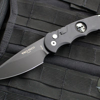 Protech Tactical Response 4 OTS Auto Knife- Black Handle with Bruce Shaw Sterling Silver Skull- Black DLC Blade- Abalone Button TR-4.70