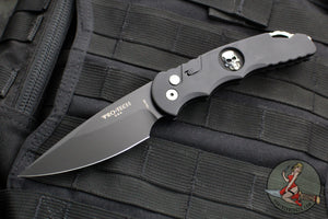 Protech Tactical Response 4 OTS Auto Knife- Black Handle with Bruce Shaw Sterling Silver Skull- Black DLC Blade- Abalone Button TR-4.70