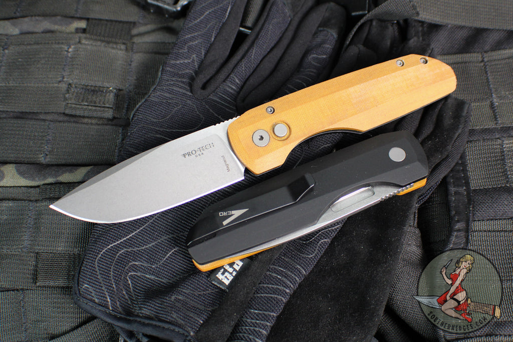Protech Vero Synapse Design Out The Side (OTS) Auto Knife- Thick Black Aluminum Bottom Handle- Natural Canvas Micarta Lid- Stonewash Magnacut Steel Blade VERO1211-NATURAL LINEN