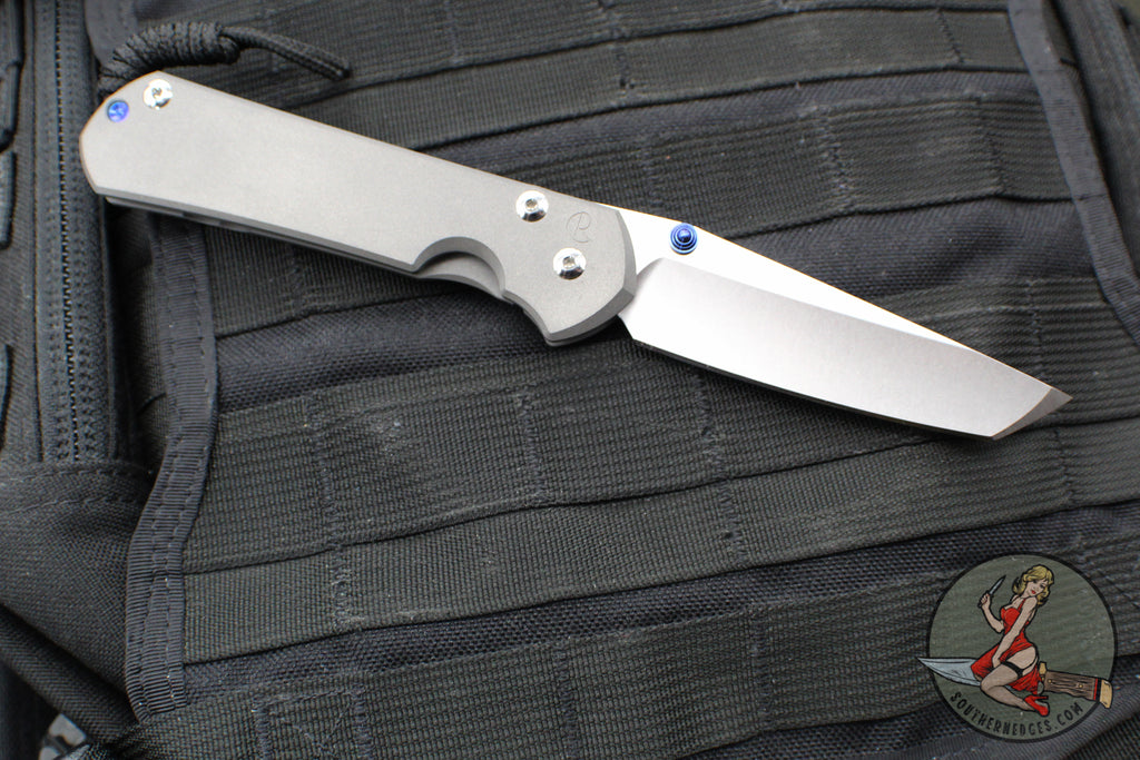 Chris Reeve Large Sebenza 31- LEFT HANDED- Tanto Edge- Sandblasted Finished Titanium- Stonewash Magnacut Blade L31-1011
