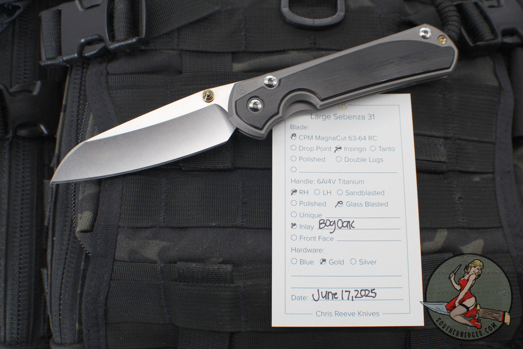 Chris Reeve Large Sebenza 31- Insingo Edge- Glass Blasted- Bog Oak Wood Inlay- Stonewash Magnacut Blade L31-1124 v2