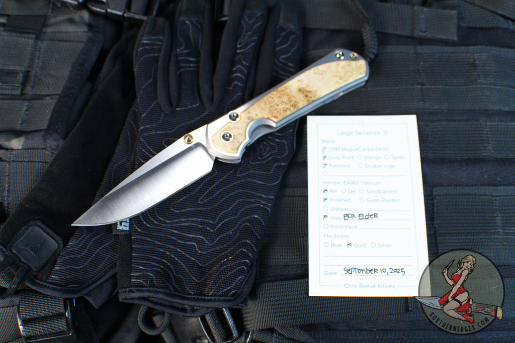 Chris Reeve Large Sebenza 31- Polished Titanium Handle- Polished Drop Point- Box Elder Wood Inlay- L31-1628 IN CPM-MAGNACUT v6