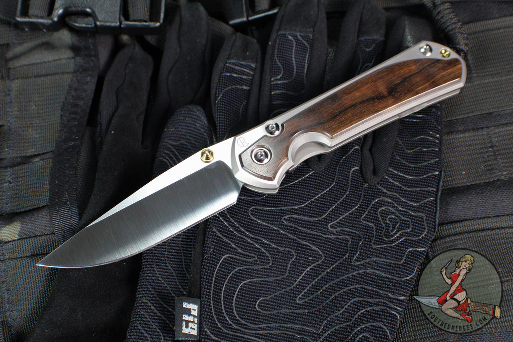 Chris Reeve Large Sebenza 31- Glass Blasted Titanium- Polished Drop Point- Macassar Ebony Wood Inlay- L31-1636 IN CPM-MAGNACUT v3