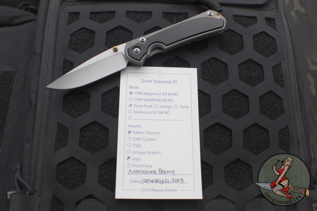 Chris Reeve Small Sebenza 31- Drop Point- Macassar Ebony Inlay Magnacut Steel Blade S31-1116