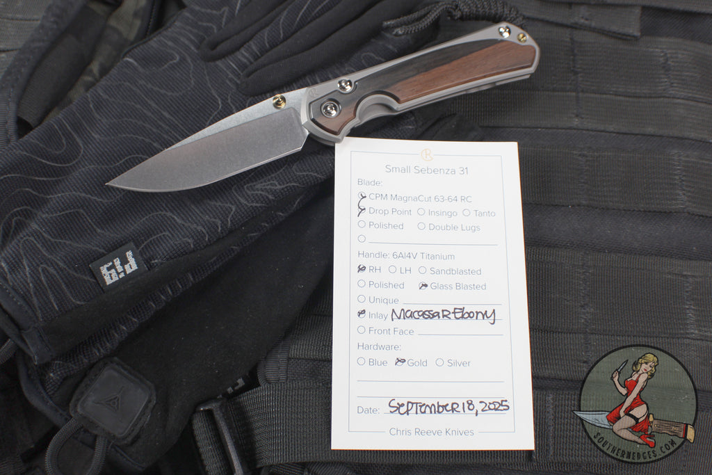 Chris Reeve Small Sebenza 31- Drop Point- Macassar Ebony Inlay Magnacut Steel Blade S31-1116