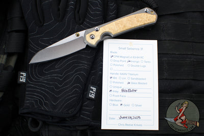 Chris Reeve Small Sebenza 31- Insingo Edge- Glass Blasted Titanium- Box Elder Wood Inlay S31-1126 in CPM MAGNACUT
