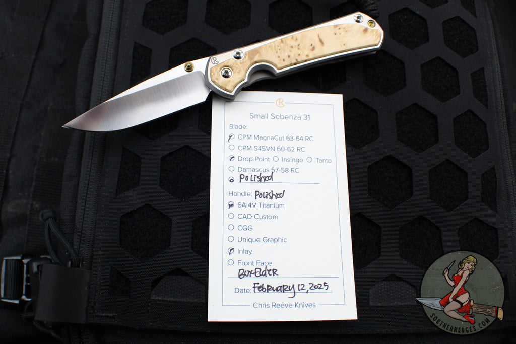 Chris Reeve Small Sebenza 31- Box Elder Inlay- POLISHED Drop Point Blade S31-1628 V2 In Magnacut