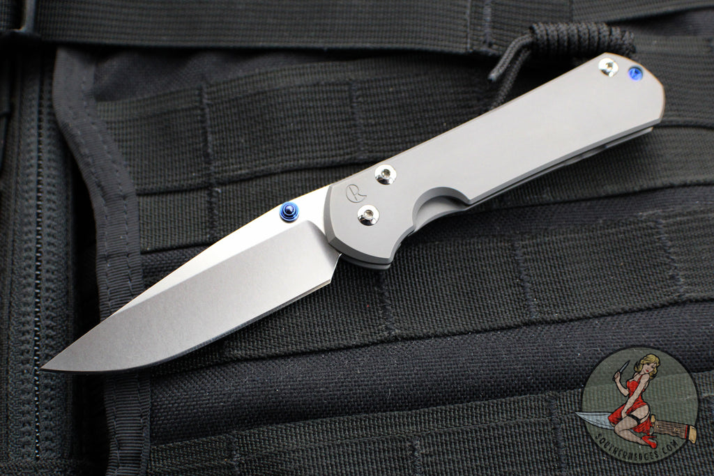 Chris Reeve Small Sebenza 31- Drop Point- Glass Blasted Titanium Handle- Magnacut Blade- Blue HW S31-1644