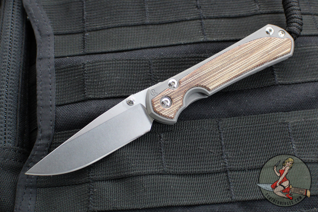 Chris Reeve Small Sebenza 31- Drop Point Edge- Glass Blasted Titanium Handle- Natural Micarta Inlay- Stonewash Magnacut Blade- Silver HW S31-1660