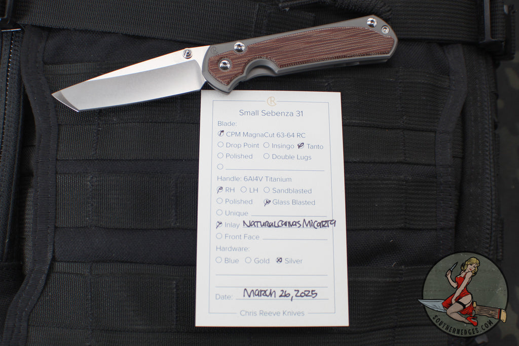 Chris Reeve Small Sebenza 31- Glass Blasted Titanium- Natural Micarta Inlay- Tanto Edge Blade S31-1234 in CPM MAGNACUT
