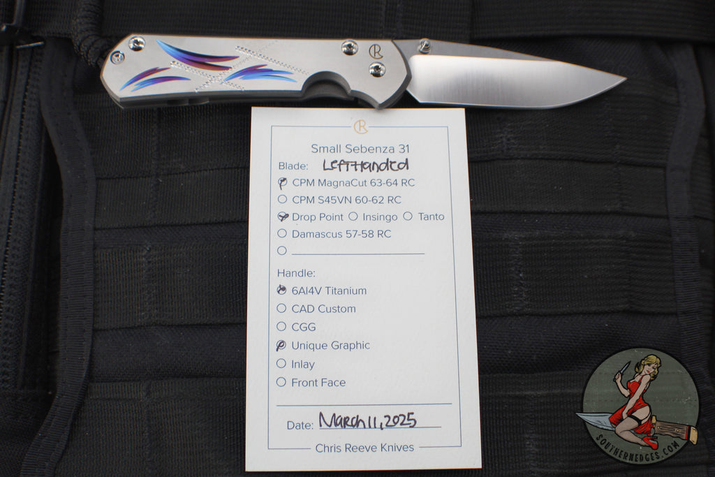 Chris Reeve Small Sebenza 31- LEFT HANDED- Plain Drop Point- Unique Graphic Handle- Stonewash Magnacut Blade S31-1401-0004