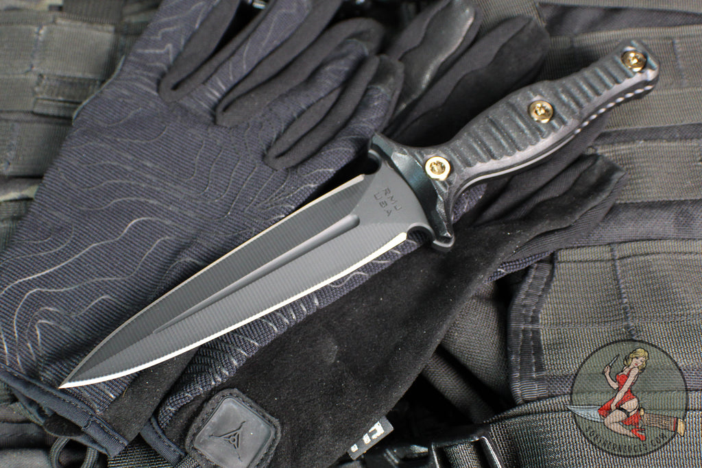 RMJ Tactical Raider Dagger Fixed Blade Combat Knife- Graphite Black Finish- Black G-10