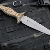 RMJ Tactical Raider Dagger Fixed Blade Combat Knife- Tungsten Finish- Hyena Brown G-10