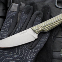 RMJ Unmei Fixed Blade Knife- Tungsten Finished- Dirty Olive Green G-10 Handle