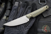 RMJ Unmei Fixed Blade Knife- Tungsten Finished- Dirty Olive Green G-10 Handle