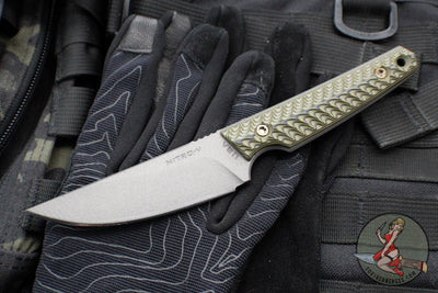 RMJ Unmei Fixed Blade Knife- Tungsten Finished- Dirty Olive Green G-10 Handle