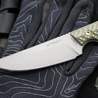 RMJ Unmei Fixed Blade Knife- Tungsten Finished- Dirty Olive Green G-10 Handle