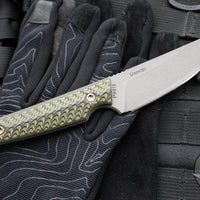 RMJ Unmei Fixed Blade Knife- Tungsten Finished- Dirty Olive Green G-10 Handle