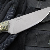 RMJ Unmei Fixed Blade Knife- Tungsten Finished- Dirty Olive Green G-10 Handle