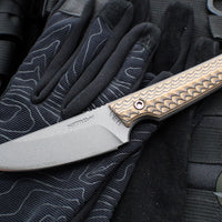 RMJ Unmei Fixed Blade Knife- Tungsten Finished- Hyena Brown G-10 Handle